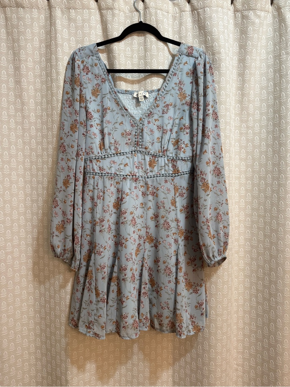 Light Blue Floral Long-Sleeve V-Neck Dress with Smocked Back